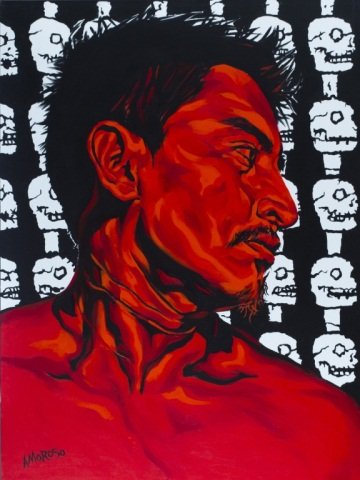 Amoroso man with skull backround painting.: Amoroso, David (American). Early 21st century. Acrylic on canvas. Graphic red, whit and black painting with the rows of skulls in the background and a man in front. Signed l.l. Unframed. 48"h x 36"w x