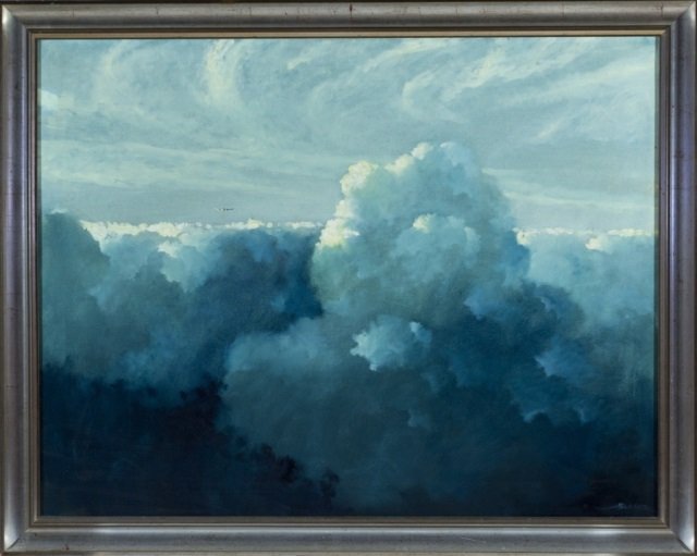 Eric Sloane Oil on Canvas: Sloane, Eric (American, 1905 - 1985). 20th century. Oil on canvas. Blue sky with clouds and an airplane in the distance. Signed l.r. Wood frame. 27 1/4" x 35 1/2". Frame: 32 1/2" x 40".