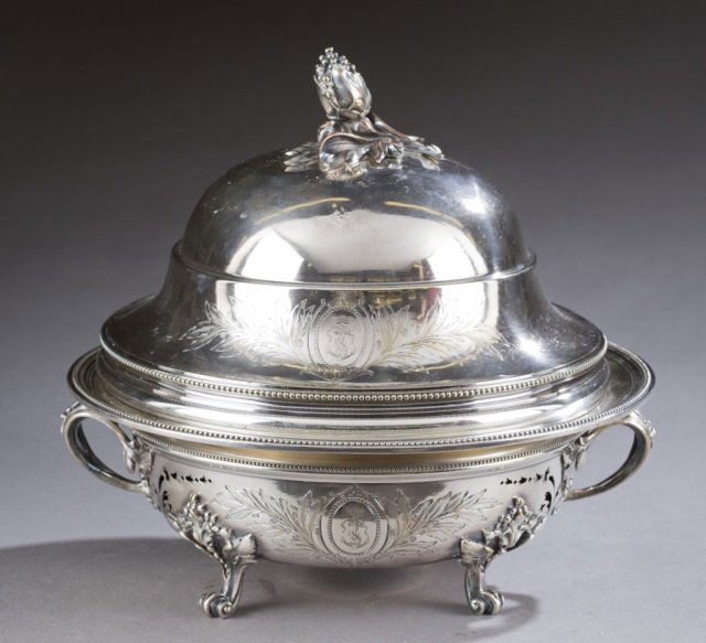 Christolfe, silver plate warmer.: A Charles Christolfe silver plated three piece warmer. c.1844-1860. Reticulated body supported by scrolling feet with central cartouche of an anchor flanked by incised leaf pattern. Marked on bottom,
