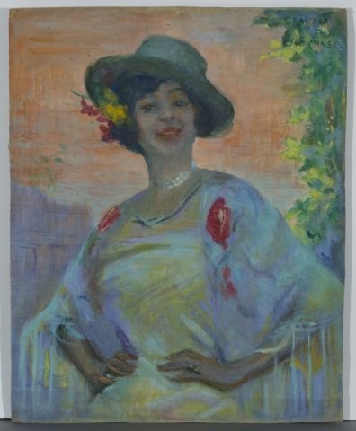 Ellen Wheeler Chase, three figure studies.: Chase, Ellen Wheeler. (American, 20th century). Oils on canvas. A group of three figures studies. ++ Granada. c. 1914. Signed u.r.18" x 14". ++ Portrait of a male in a top hat. Unsigned. 23" x 18 1/4"