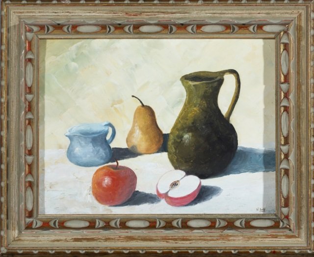 Henry Ross, still life.: Ross, Henry. (United States, 1895-1989). Still life with fruit and cream pitchers. Oil on canvas. Signed l.r. Framed. 12 1/2" x 15 1/2". Provenance: Private collection in Bethesda, MD.