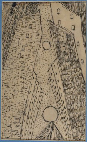 Abraham Walkowitz, City Abstraction#35.: Walkowitz, Abraham (New York, 1878-1965). City Abstraction #35. Ink on paper. Signed in image u.r. corner. Sight: 11 1/2" x 7 1/8". Frame: 19" x 13 1/4".