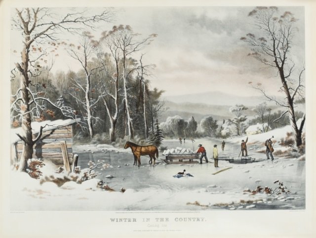 Currier and Ives/ Winter in the Country.: Currier & Ives (Nathaniel Currier (1813-1888) and James Merritt Ives (1824-1895)). Winter in the Country, Getting Ice. After original by G. H. Durrie. Colored lithograph. Image plate: 18 1/2" x 27". O