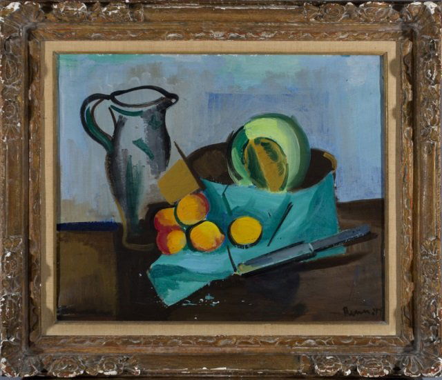 Ben Benn, still life with fruit.: Benn, Ben (1884-1983) Still life with fruit and pitcher. Oil on canvas. Signed l.r., Benn 44'. Framed. 27" x 30". Condition: Painting has not been re-lined. Areas of paint chipping away caused my warp