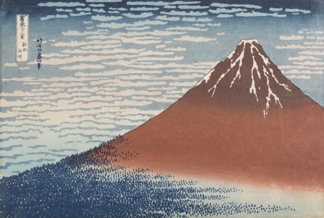 Hokusai, Red Fugi.: Hokusai, Katsushika. (1760-1849) Red Fuji. Woodblock on paper. Block signed in u.l. corner. Oban (10" x 15"). Condition: Slight foxing can be seen in central composition of clouds. Light acid marks ar