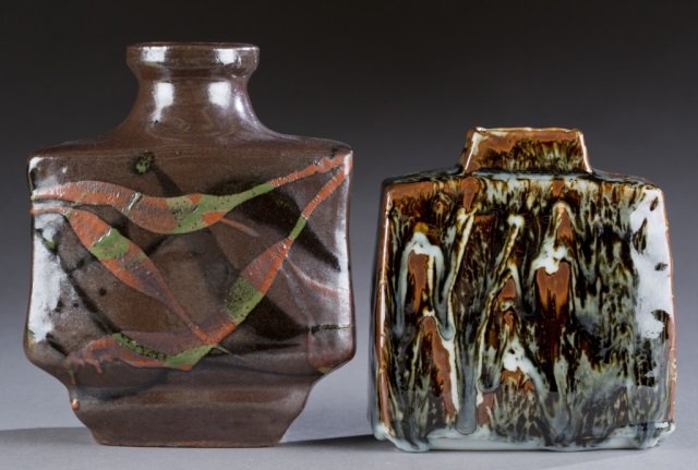 Two Mingei Henko jars.: A group of two Mingei Henko jars. ++ A ceramic jar in the manner of Hamada Shoji. 6 1/4". ++ A ceramic jar in the manner of Kawai Kanjiro. 8 1/4".