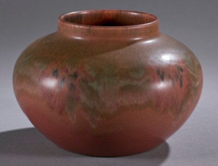 Rookwood, Louise Abel vase.: A Rookwood vase by Louise Abel. 1929. Squat form with red, green and orange glazes. Impressed on bottom, Rookwood symbol, XXI, 1929 and artist's marks. 5".
