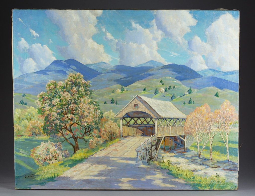 Gustave Jr. Cimiotti, landscape.: Cimiotti, Gustave Jr. (New York, 1875-1969) Landscape with wooden bridge. Oil on canvas. Signed l.r. Unframed.