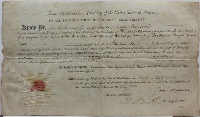James Madison: Signed land grant. 1809.: [President Madison, James]. Land grant. Signed by James Madison. Text is preprinted on vellum with blanks filled in by a secretary. The grantee was “William Beans of Loudoun County Virginia,” and