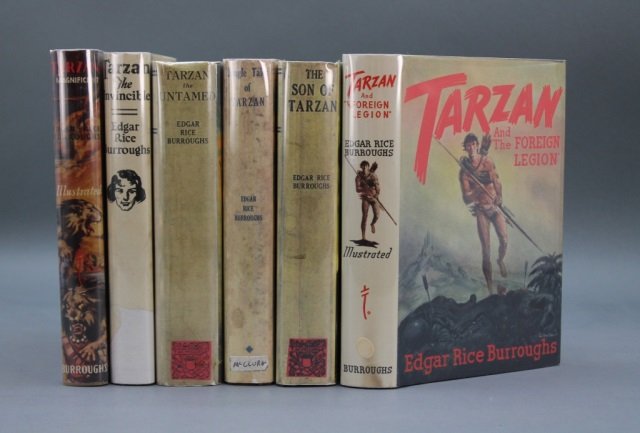 6 Tarzan books, incl first eds. & warehouse fire.: [Burroughs, Edgar Rice]. 6 Titles from the Tarzan series. Includes 2 which were damaged in Edgar Rice Burroughs, Inc’s warehouse fire (listed first below). 8vo. Cloth, mostly in facsimile dj. Sold w