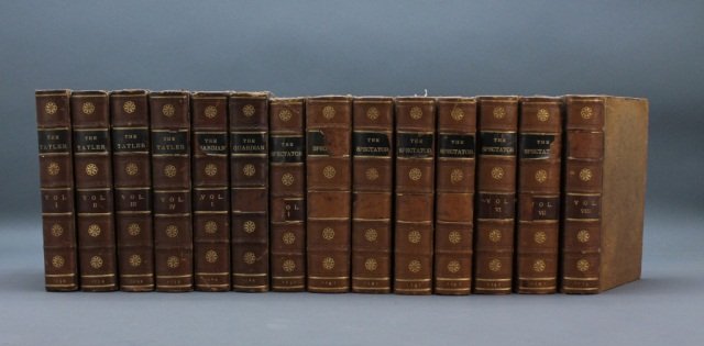 14 Vols: THE SPECTATOR, THE TATLER, THE GUARDIAN.: [Addison, Joseph]. 3 Sets (14 Vols). ++ [Joseph Addison, Richard Steele, and others.] THE SPECTATOR. 8 Vols. Lon: Jacob and Richard Tonson, 1747. Vol VIII carries “MDCCXV” (1715) date but is clear