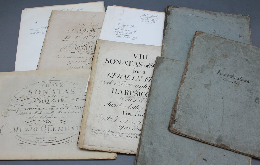 8 Books musical score incl Garth. SIX CONCERTOS.: [Baroque/Concertos/Sonatas]. 6 Titles (8 Booklets of Sheet Music), consisting of engraved musical scores on laid paper of English composers contemporary w/ George Fredrich Handel. Variously in contemp