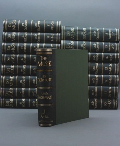 DIE MUSIK IN GESCHICHTE UND GEGENWART. 16 Vols.: [Musical Encyclopedia]. DIE MUSIK IN GESCHICHTE UND GEGENWART: Allgemeine Enzyklopadie der Musik. [General Encyclopedia of Music.] 16 Vols (incl 2 supplements). Barenreiter-Verlag, “1949-1951” to 