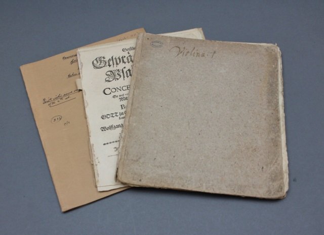 3 Music Books incl: GEISTLICHE GESPRACHE... 1674.: [Musical Scores]. 3 Titles. Thin 8vo. Previously bound in paper-covered boards, subsequent leaves now mostly separated. Very good. Each consists of musical score. ++ Andrea Hammerschmieden. GEISTLICHE