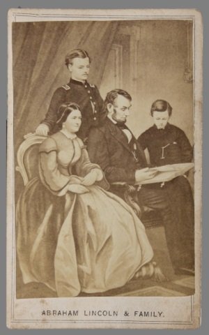~100 CDVs incl: ABRAHAM LINCOLN & FAMILY.: [Cartes-De-Visite/Civil War/Lincoln/Tom Thumb]. Approx. 100+ Cartes-De-Visite of men, women & children incl. ABRAHAM LINCOLN & FAMILY illustration showing Abraham and Mary Todd Lincoln seated w/ sons 