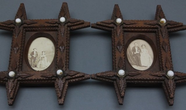 2 Cartes-De-Visite in Tramp Art Frames.: [Cartes-de-Visite/Tramp Art]. 2 mid-1860s Cartes-De-Visite in Folk Art Tramp Frames.++ CDV of COMMODORE NUTT AND MISS MINNIE WARREN, showing Comm. Nutt (b. George Washington Morrison Nutt 4-1-1848-5-2