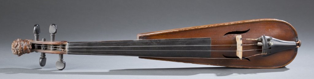 Stringed Instrument, Violin.: Stringed Instrument, Violin. Mittenwald, Germany. Maker: J. A. Baader. & Co. Bowed stringed instrument. This instrument has 4 strings; carved Tyrolean style lions head on scroll. Length: 54 cm. Proven