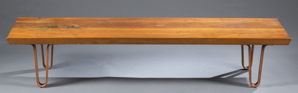 Edward Wormley "Long John" table/bench.: Edward Wormley table/bench for Dunbar. c.1940s-1950s. Walnut. Bentwood legs with a 4 plank top. On underside, "Dunbar Berne Indiana" metal name tag and paper manufacturer tag with model, name finish,
