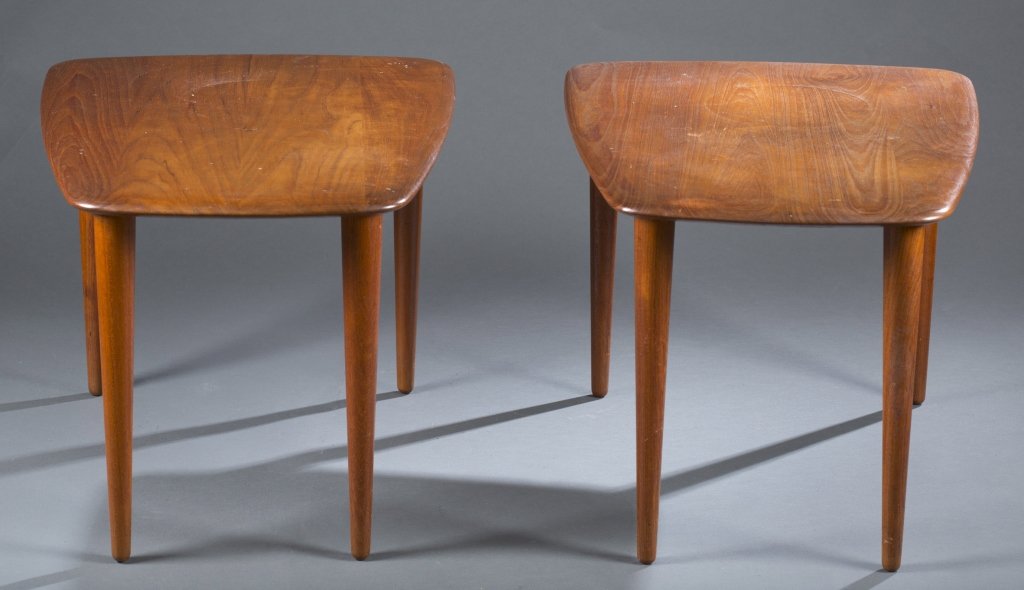 Pair of Hvidt and Molgaard-Nielson end tables.: A pair of Peter Hvidt and Orla Molgaard-Nielson end tables. Mid 20th century. Teak. Made by France and Daverkosen of Denmark. Company sticker on underside of table top.