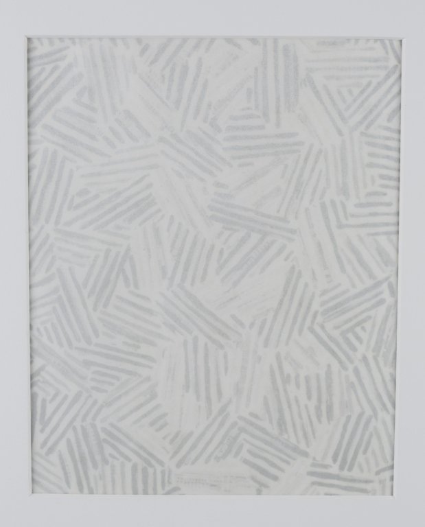 Jasper Johns "Silver Cicada" lithograph.: Johns, Jasper (United States, 1930-). 1986. "Silver Cicada". Lithograph. Abstract design in silver on white paper. Unsigned. In museum mat. 9" x 7 1/8"