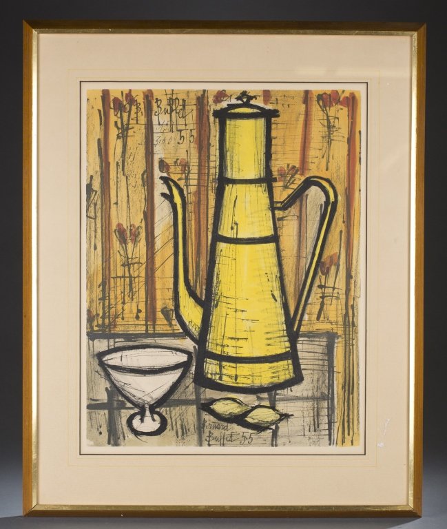 Buffet, Bernard. Teapot and Cup, Print.: Buffet, Bernard (France, 1928-1999). Teapot and Cup. 1935. Print. Wood frame. Sight: 23" 1/4 x 18". Frame: 31" 1/2 x 25" 1/2.
