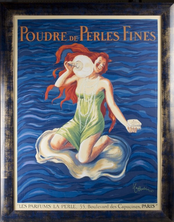 Cappiello, Leonetto Poudre de Perles Fines litho: Cappiello, Leonetto (Italy, 1875-1942). Early 20th century. Lithograph. Woman in a seashell with flowing red hair, green dress and pearls powdering her face. "POUDRE DE PERLES FINES" on top; "LES PARF