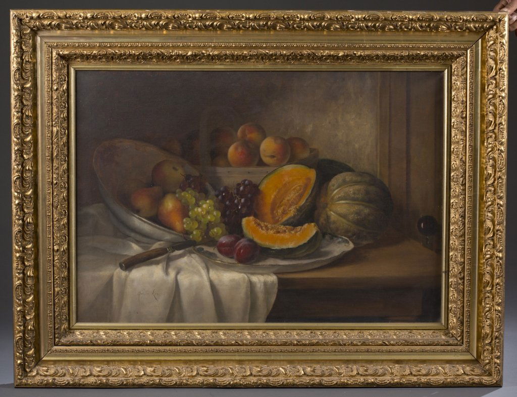 Morston Constantine Ream Still Life: Ream, Morston Constantine (United States, 1840-1898). 2nd half 19th century. Oil on canvas. Still life of fruit on white dishes;wooden table with a white tablecloth. Signed l.l. Likely in original gil