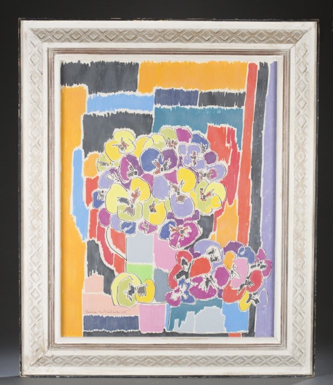 Gloria Vanderbilt "Pansies": Vanderbilt, Gloria (United States, 1924-). 1971. Pansies. A container of colorful pansies with a very bold, abstract background. Signed l.l. and title and date written on back. Framed under glass. Woo