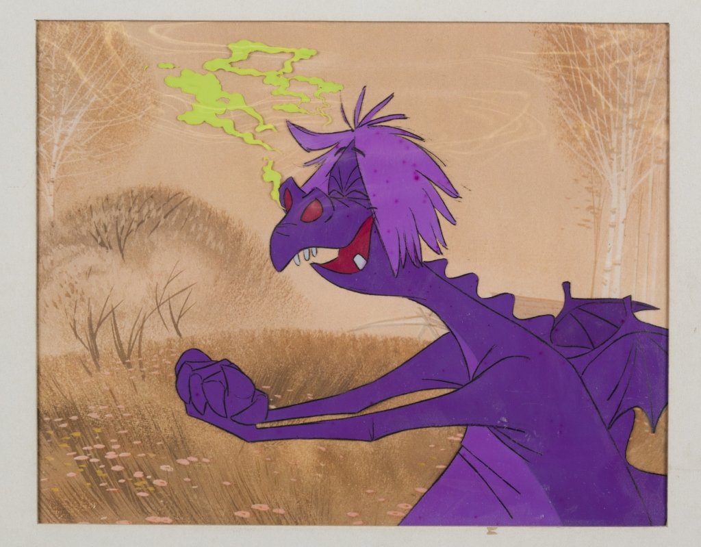 Original Disney Sword in the Stone celluloid.: An original Disney Sword in the Stone celluloid. 1963. Scene of Madam Mim as a dragon felled by a bad case of the snuffles by Merlin. On back, label which reads "This is an original handpainted cellul