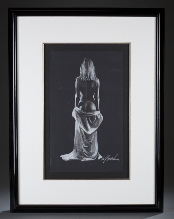 Bill Mack chalk sketch.: Mack, Bill (United States, 1949-). Chalk/Pastel. Standing female nude on a black background. Signed. Framed. 24" x 36".