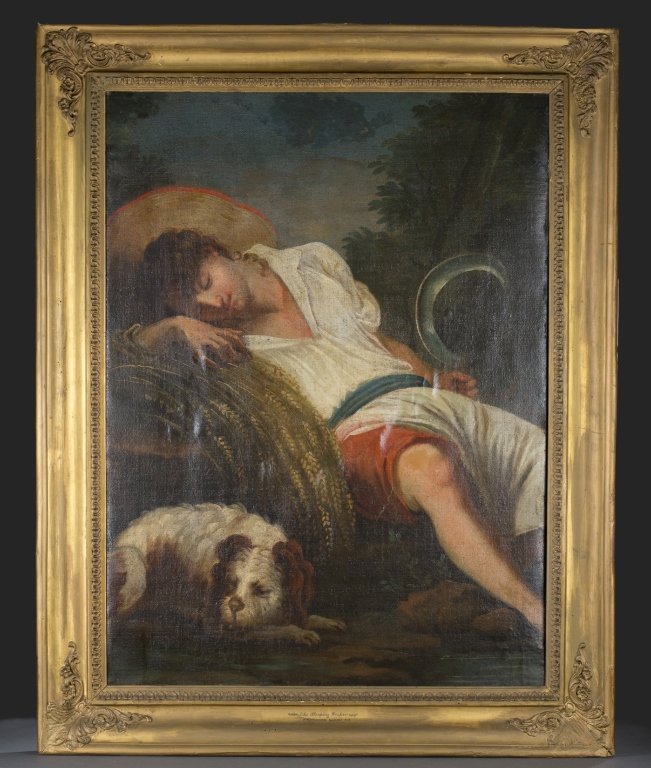 After Francois Boucher; The Sleeping Reaper. o/c: After Francois Boucher. c.1825. The Sleeping Reaper. Oil on canvas. A young reaper asleep and a dog asleep at his side. Signed "F. Boucher". Gilt frame, and is inscribed "The Sleeping Reaper, Francois