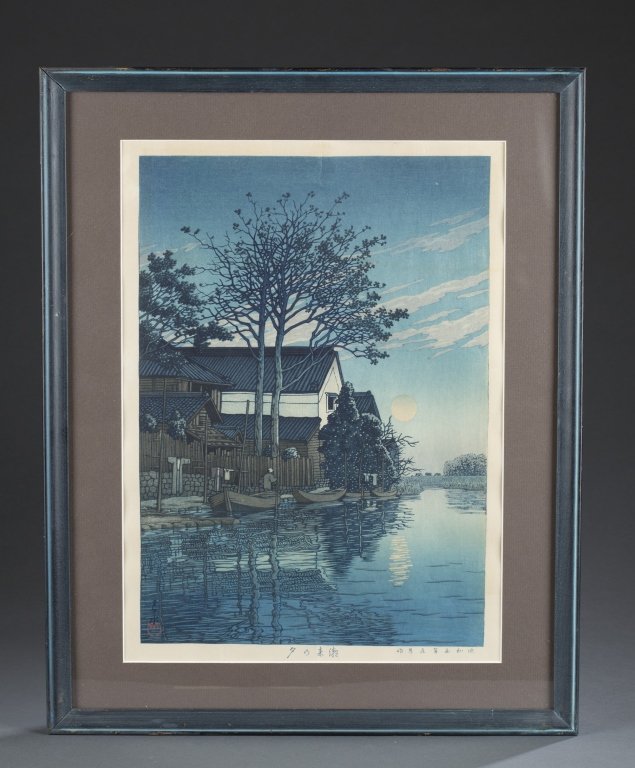 Kawase Hasui "Evening at Itako".: Hasui, Kawase (Japanese, 1883-1957). May 1930. Evening at Itako (Itako no yu). Woodblock print. Framed and matted under glass. Sight: 15 1/2" x 11 3/8". Frame: 20 1/8" x 16 1/8". Provenance: From the 