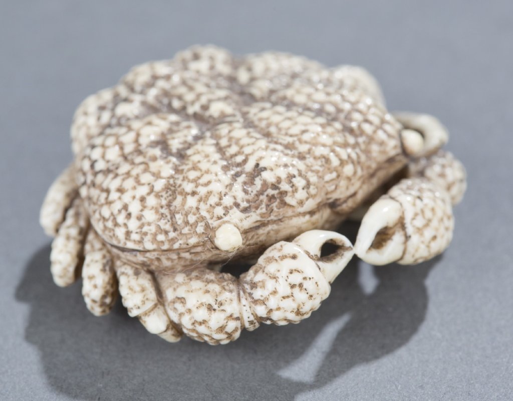 Japanese Ivory Crab Netsuke, signed: A Japanese ivory crab netsuke. 19th century, Flat form with bumpy skin, signed on the bottom near the himotoshi. 1 3/4". Provenance: From a Virginia collector.