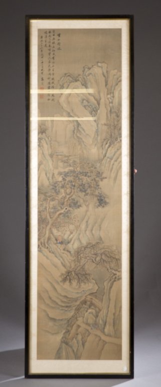 Gao Jian, Watercolor on silk. Landscape.: Jian, Gao (China, 1634-1708). Qing Dynasty watercolor on silk. Framed scroll, under glass. Landscape scene with scholars. Signed with 2 artists seals u.l. Sight 67" x 17 1/4". Frame 73" x 22 1/2".