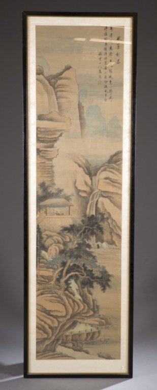 Gao Jian, Watercolor on silk. Landscape: Jian, Gao (China, 1634-1708). Qing Dynasty watercolor on silk under glass. Landscape scene with scholars. Signed with artists seal u.l. Sight 67" x 17". Frame 73"x 22 1/4".