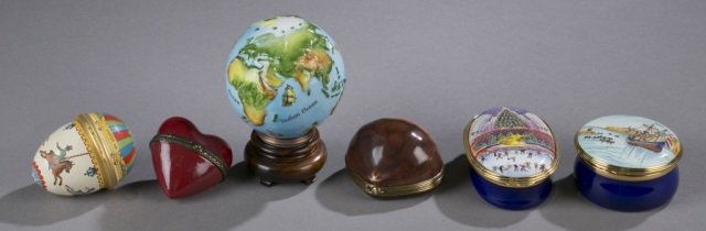 Group of 6 assorted pill boxes.: Group of 6 assorted pill boxes. 1 egg shaped with carousel scene, 1 heart, 1 globe, 1 nut, 1 NY Christmas tree scene, and 1 Dutch ship scene. Largest 3 1/4".