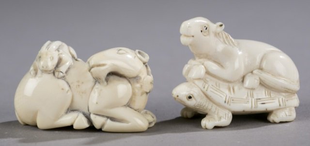 Pair of netsukes.: Pair of netsukes. Ram and rabbit. 1" x 1 5/8".++ Horse on turtle back 1 1/2" X 1 1/2".