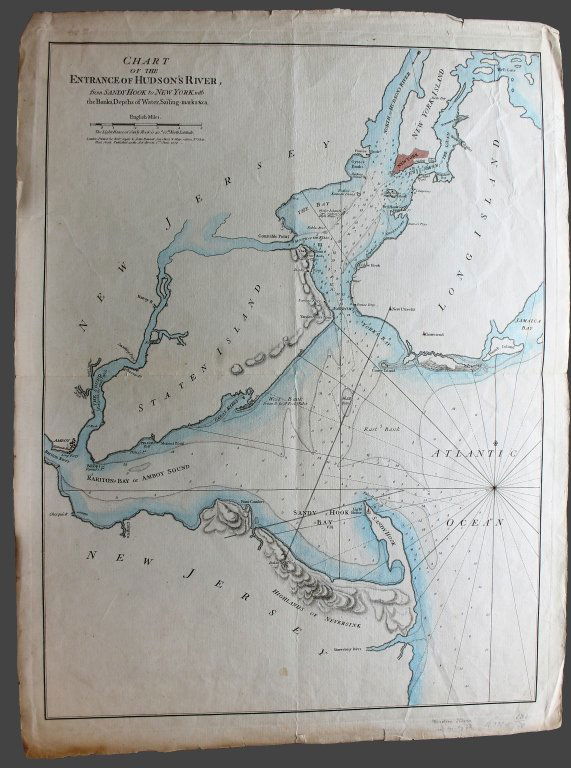 Chart of the Entrance of Hudson's River. [1776].: [New York]. CHART OF THE ENTRANCE OF HUDSON’S RIVER, FROM Sandy Hook to New York, with the Banks Depths of Water, Sailing-marks &ca. Lon: Robert Sayer & John Bennett, 1776. 27 5/8” x 20 ½”. Det
