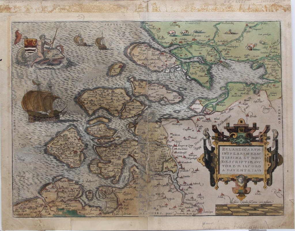 [Ortelius] ZELANDICARUM INSULARUM... Map.: [Ortelius, Abraham]. ZELANDICARUM INSULARUM EXACTISSIMA ET NOVA DESCRIPTIO, Auctore D. Jacobo A Daventria. [Ca. 1570 – early 1600’s.] Verso’s right half has Dutch text under heading “Selandt,�