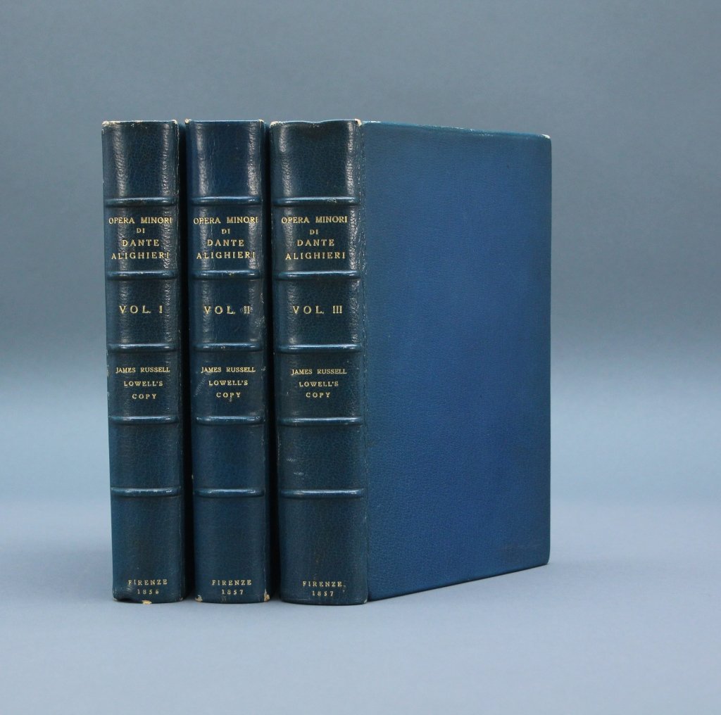 ...DANTE... 3 Vols. Sgd by James Russell Lowell.: [Lowell/Dante]. IL CONZIONIERE DI DANTE ALIGHIERI Annotato e Illustrato da Pietro Fraticelli. Aiggiuntovi Le Rime Sacre e le Poesie Latine dello stesso Autore. 3 Vols. Firenze: Barbera, Bianchi e Comp
