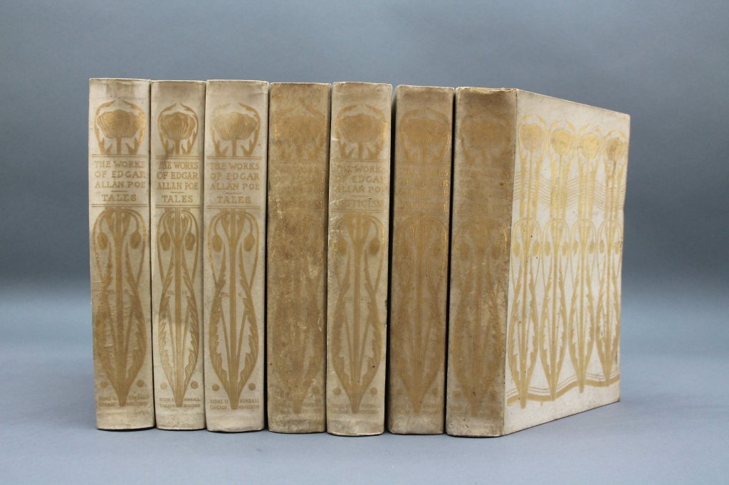THE WORKS OF EDGAR ALLAN POE. 7 Vols.#89 of 250.: Poe, Edgar Allan. THE WORKS OF EDGAR ALLAN POE. 7 Vols (of 10). Edited by Edmund Clarence Stedman and George Edward Woodberry, illus. by Albert Edward Sterner. Limited edition, 89/250. Chicago: Stone