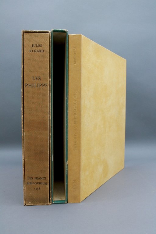 2 Vols, unbound incl: LES PHILIPPE, #112 of 160.: [Minaux/Socrates Illustrations]. 2 Titles. 4to. Unbound as issued in slipcase. ++ Jules Renard. LES PHILIPPE. Lithographs by Andre Minaux. Francs-Bibliophiles, 1958. Very good. Total of 220 issued; #1