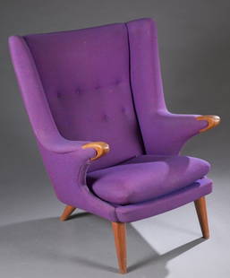 Svend Skipper wingback chair.: A Svend Skipper wingback chair. c.1960s. Model 91. Manufactured by Skipper Furniture, Durap, Denmark. Purple upholstery and teak frame. 38 1/2"h x 34 1/2" x 26".