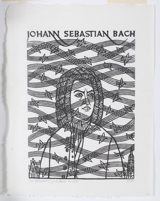 Hnizdovsky, Jacques group of 2 woodcuts.: Hnizdovsky, Jacques (Ukraine + United States, 1915-1985). ++ 1971. Johann Sebastian Bach. woodcut print. ed. 64/100. signed in pencil "hnizdvsky; J.S. Bach, w. 1971". 22" x 16" with mat ++ 1977. Harkn