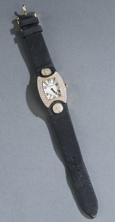 DeLaneau Princess 2.5ct diamond ladies watch: A DeLaneau Princess 2.5ct diamond & 18kt ladies wrist watch. Size 17 bracelet with 18kt yellow gold diamond and silk on leather. Marked on back cover: DeLaneau Swiss "LD logo" 750 "scales 750" "Left f