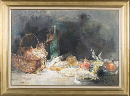 Jean Jansem still life oil on canvas.: Jansem, Jean (France, 1920 - 2013) Still life with wine bottle and basket. Oil on canvas. 25" x 35 1/2".