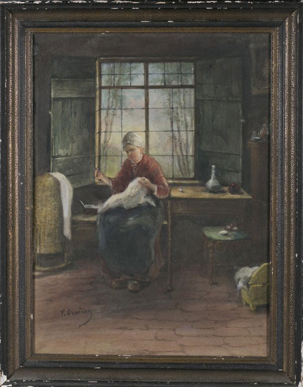 Paul Doering, Dutch interior scene.: Doering, Paul (Germany + United States, 1864-1947). Pastel on paper. Dutch interior scene of woman sewing. Signed l.r. "P. Doering". Framed. Sight: 23" x 16 1/2". Frame: 27" x 21"