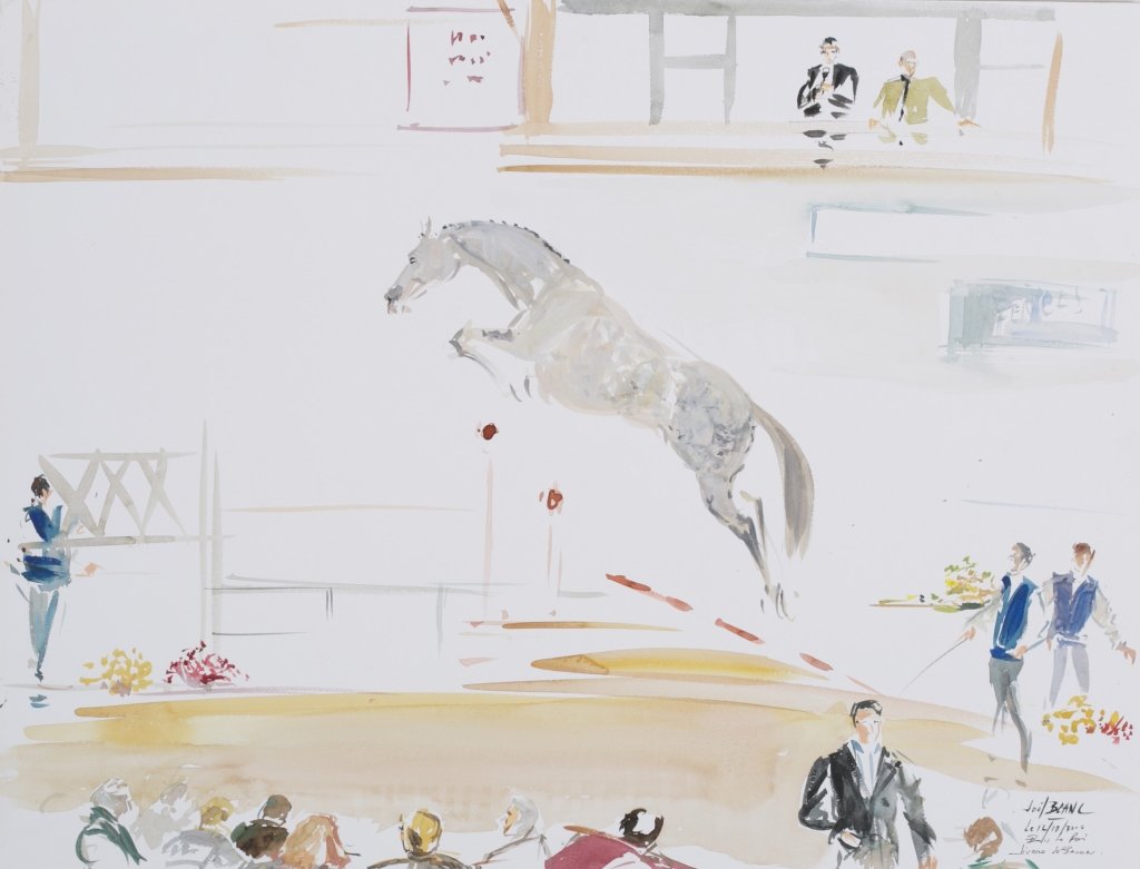 Joel Blanc Equestrian scene. Watercolor.: Blanc, Joel (France, 1946-). 2008. Bais le Poi, Livoro ob Bacon. Watercolor on paper. Signed l.r. "Joel Blanc, le 12/10/2008, Bais le Poi Livoro ob Bacon". Unframed. 19 1/2" x 25 1/2"