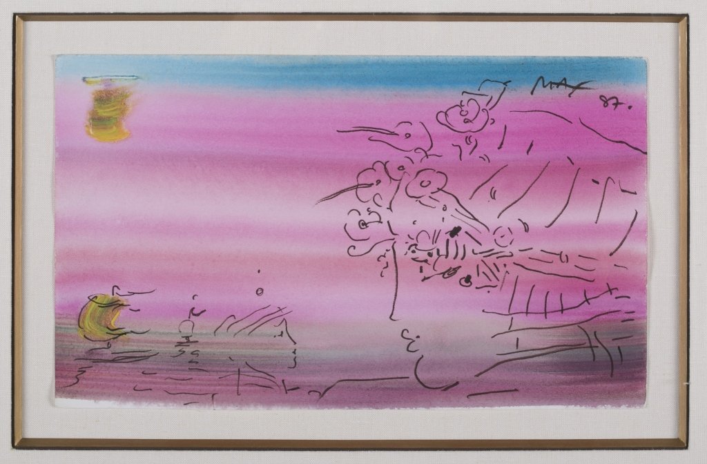 Max, Peter "Yellow ZenBoat & Pink Profile".: Max, Peter (United States, 1937-). 1987. Yellow ZenBoat and Pink Profile. Watercolor. Signed and dated in watercolor "Max 87" in u.r. Framed and matted under glass. Sight: 8 1/4" x 13 1/2". Frame: 27
