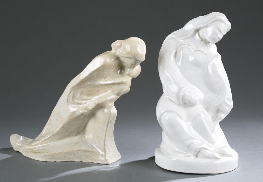 Pair of ceramic figures for W.P.A.: A pair of ceramic figures for W.P.A. Cleveland Federal Art Project. c.1930s. ++ Mother and child figure. On inside bottom rim, "FEDERAL ART PROJECT". 7 1/8"h x 8"l. ++ Female figure. Attributed to the